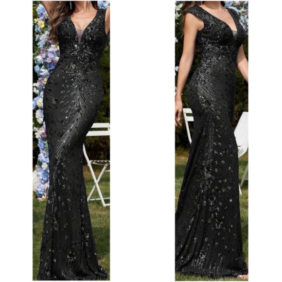 Plus V neck Sequin High Waisted Formal Black Tie Wedding Dress - Picture 3 of 13